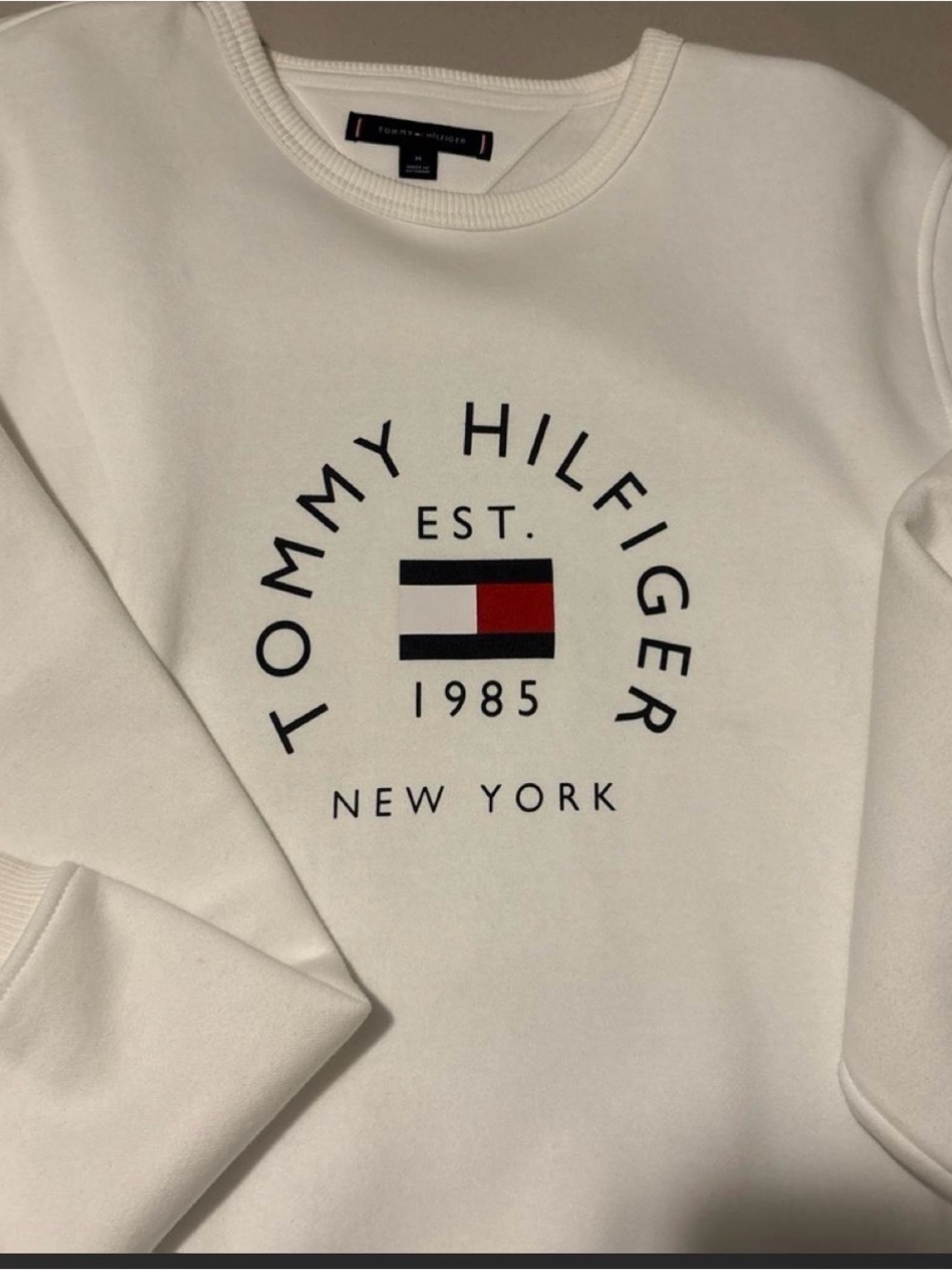 Tommy Hilfiger White Crewneck with Signature Flag Logo